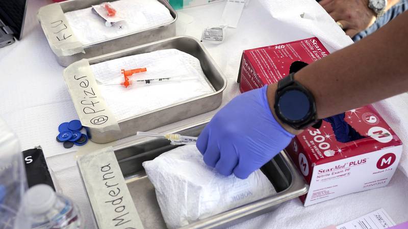 FILE - Syringes with vaccines are prepared at the L.A. Care and Blue Shield of California...