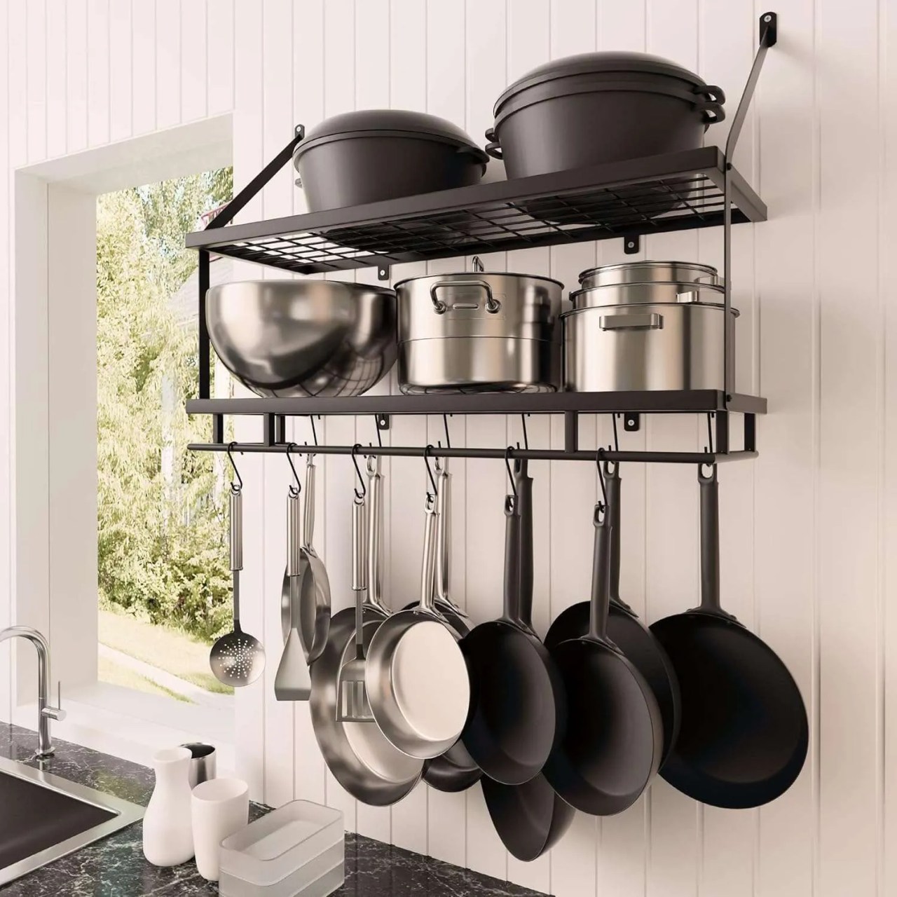 pots and pans rack in the kitchen