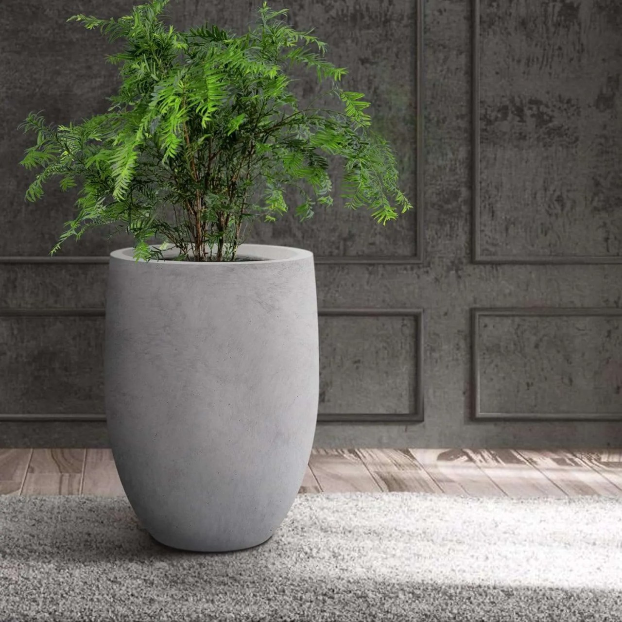 a large concrete planter in a living room