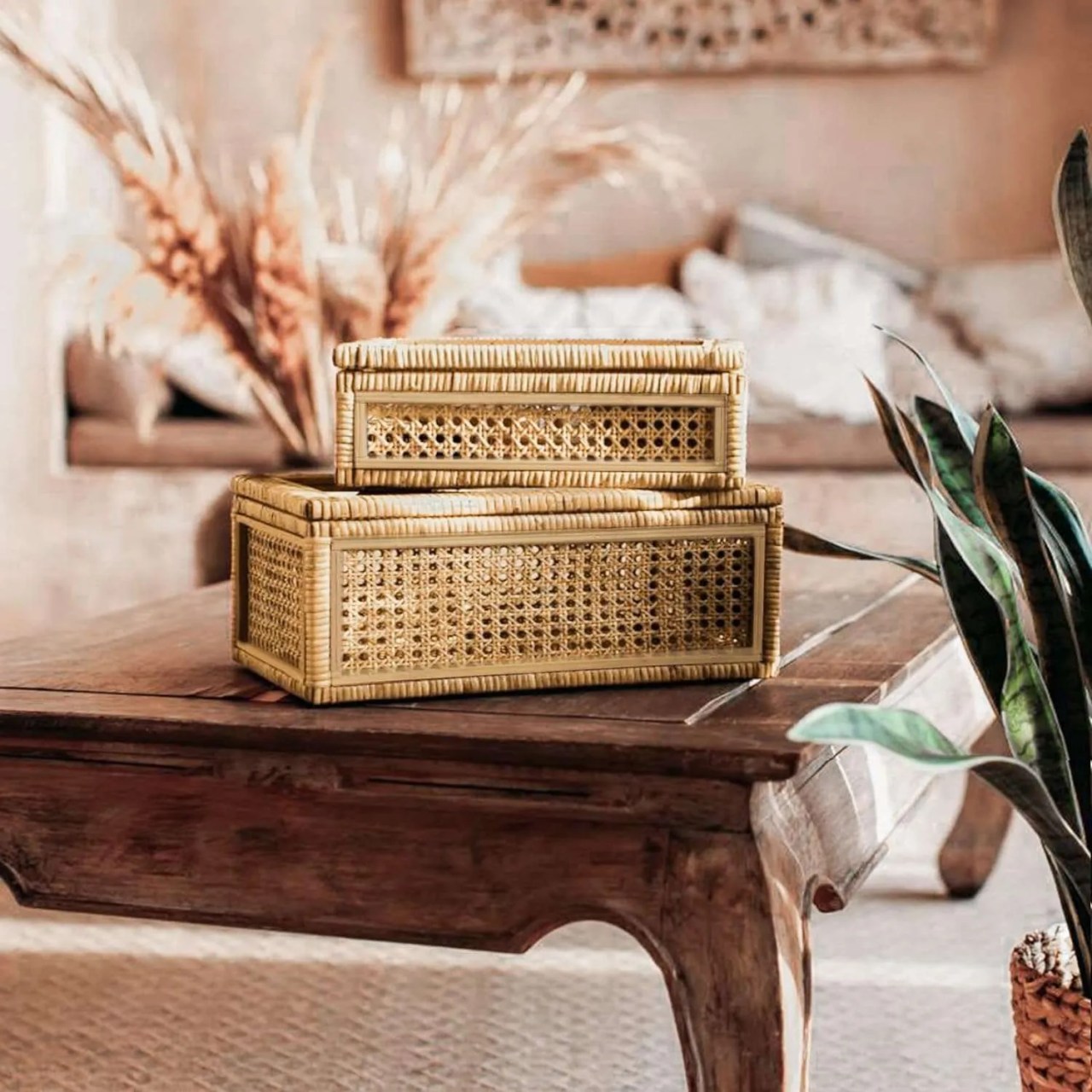 small rattan storage baskets on a coffee table