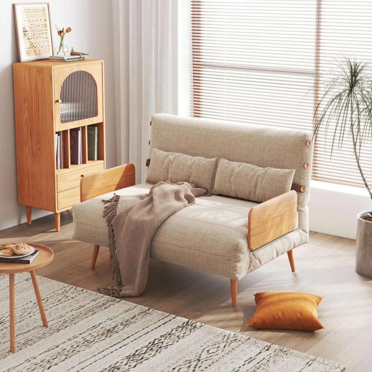 a linen futon with wood sides in a living room