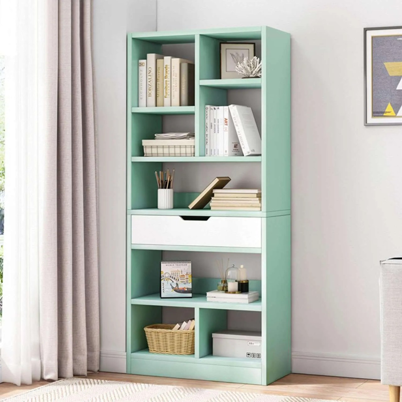 a mint green bookcase with shelf in the middle