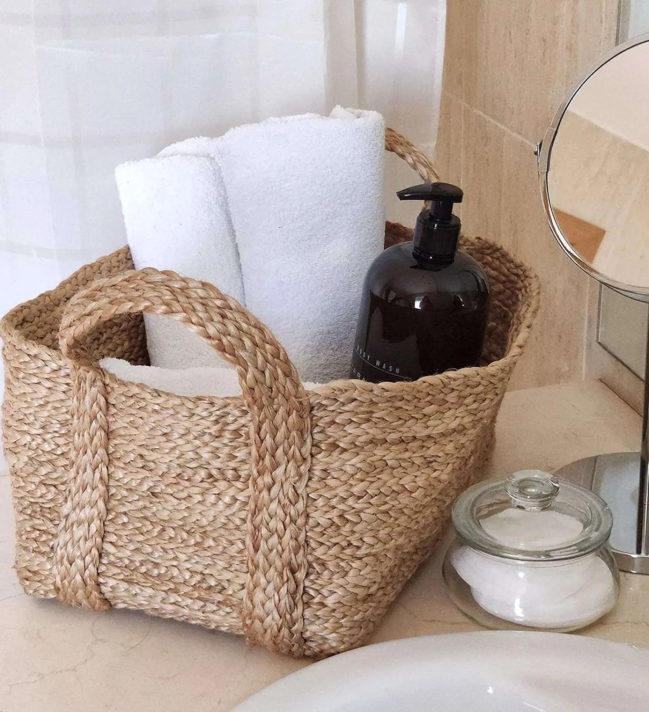 woven baskets with bathroom items inside