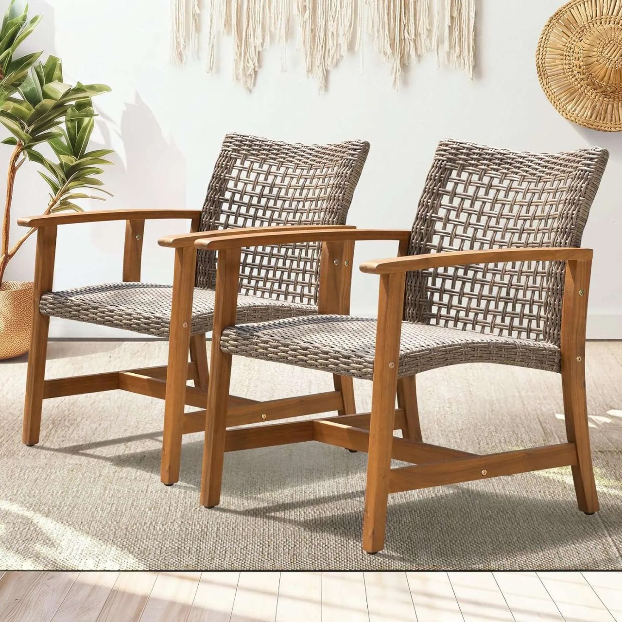 a set of patio chairs with rattan backing