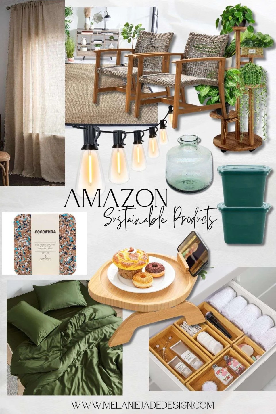 a moodboard with sustainable products on Amazon including vases, storage boxes, furniture and jute rug