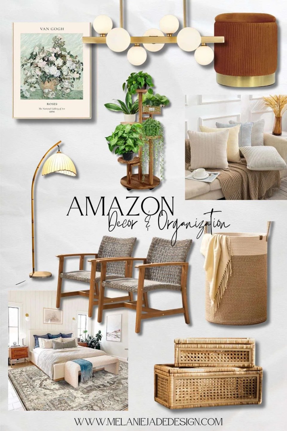 a moodboard of biophilic products from amazon including baskets, chairs, plants and artwork