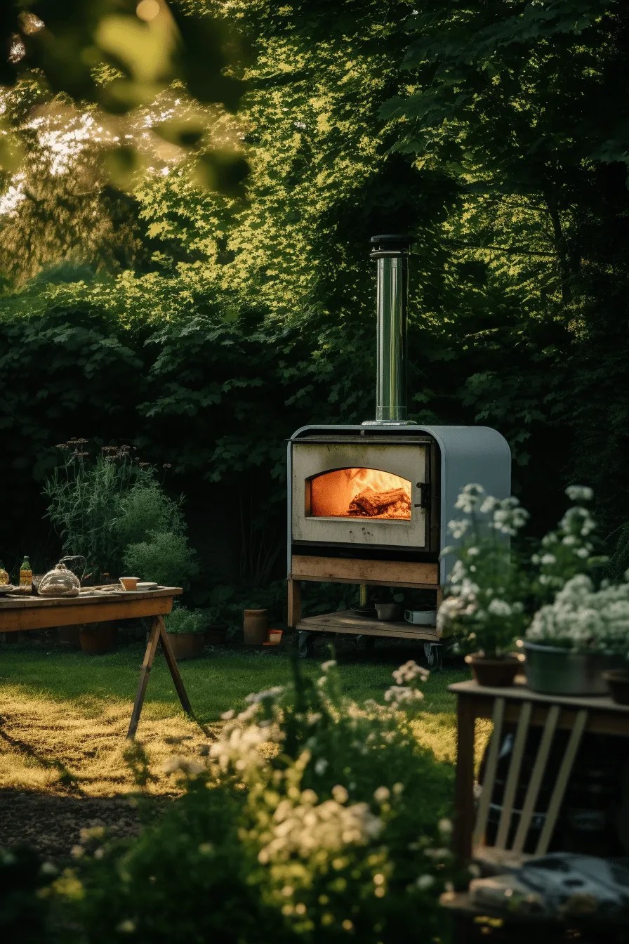 an outdoor pizza oven in a garden