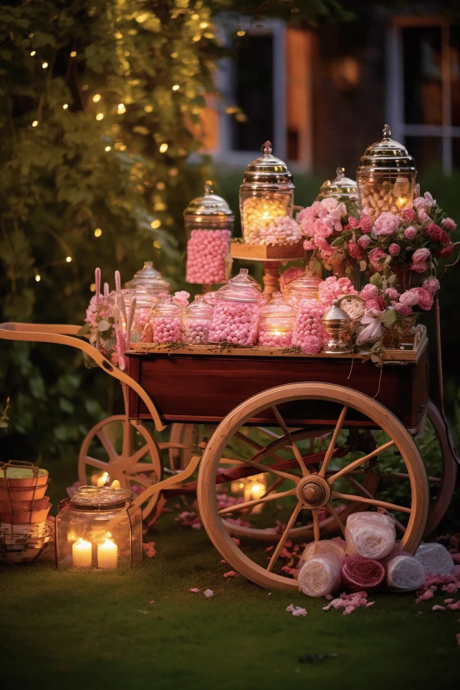 A candy cart with lots of pink candy