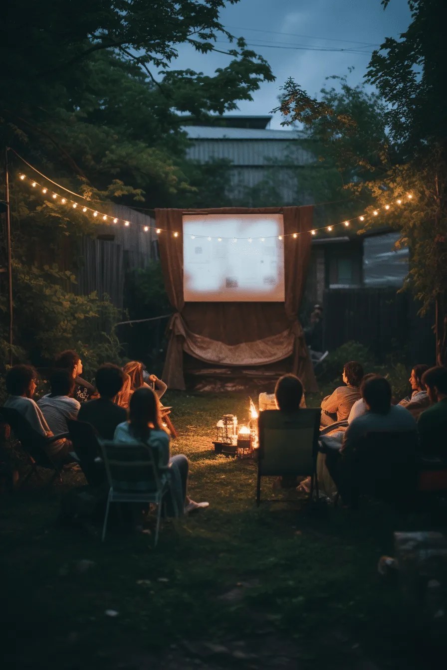 people watching a horror movie on a backyard movie screen