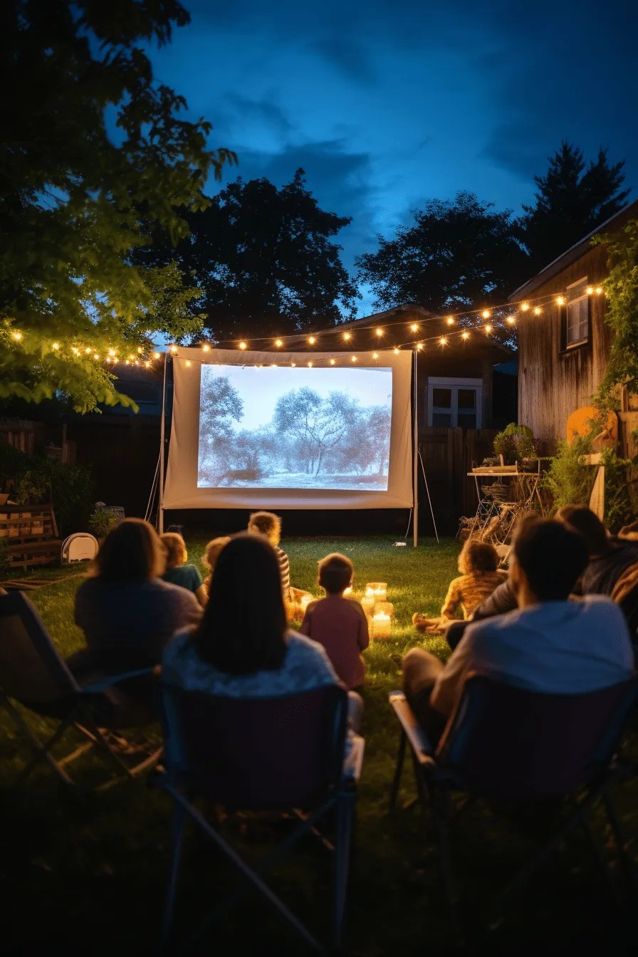 lots of people watching a movie in a garden