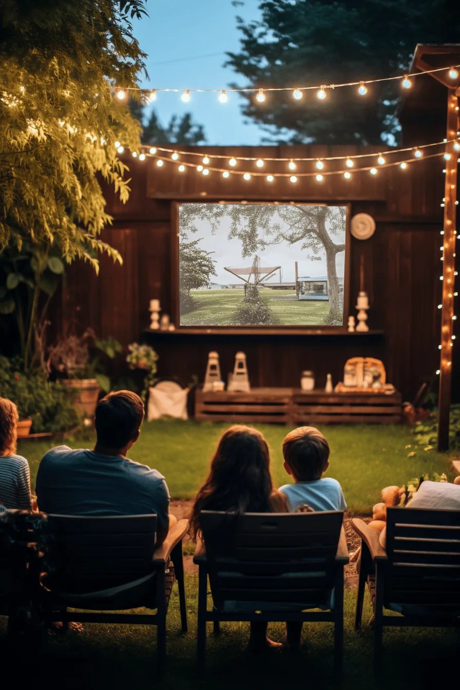 a family enjoying a backyard movie