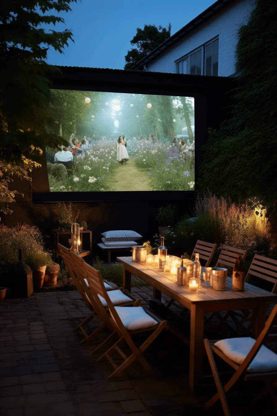 an outdoor table setup with movie in the background