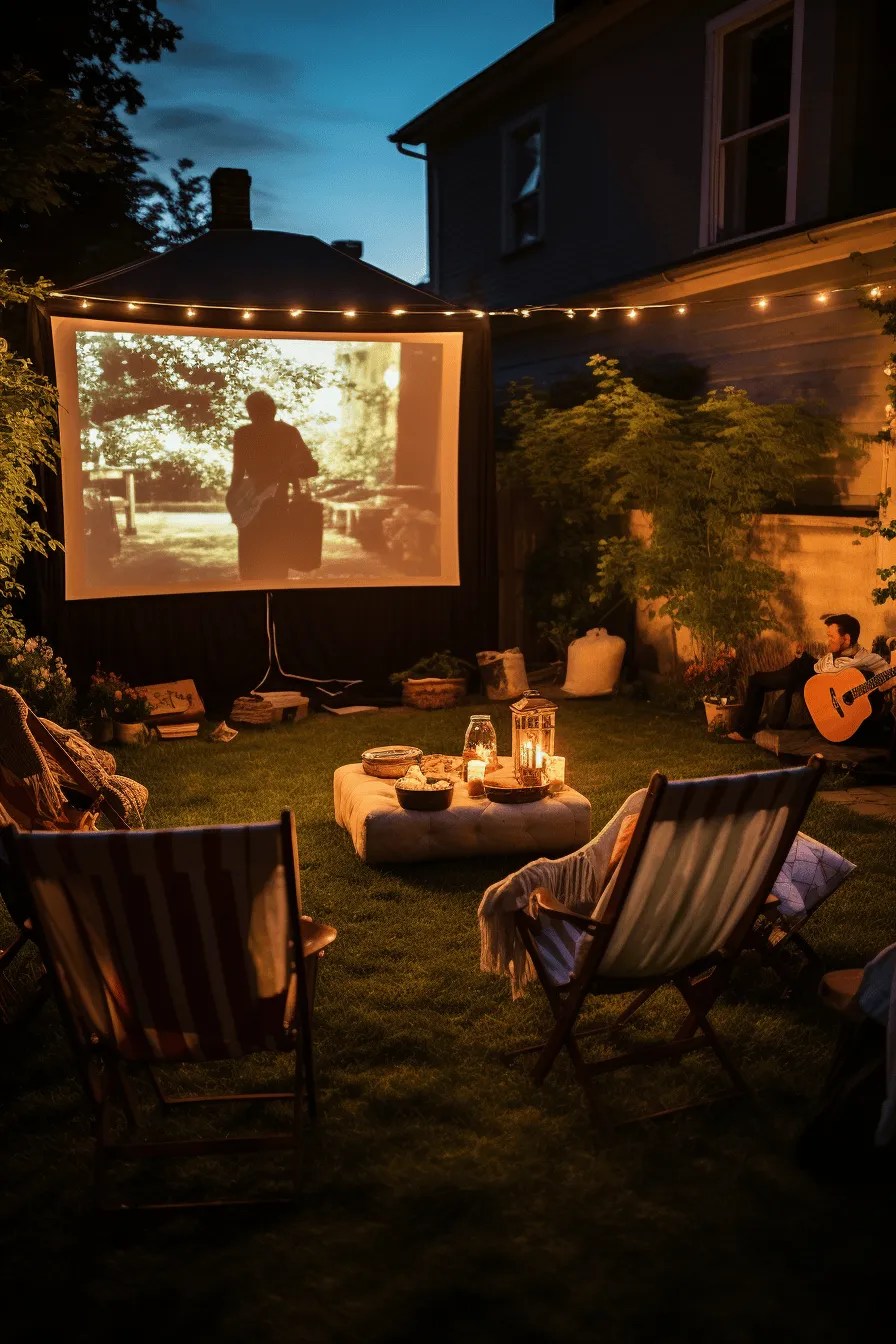backyard movie with screen and man singing along with a guitar