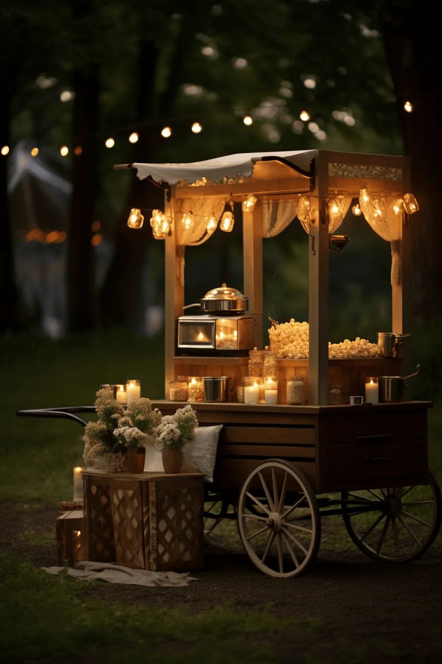 popcorn cart with popcorn maker and lots of candles and festoon lights