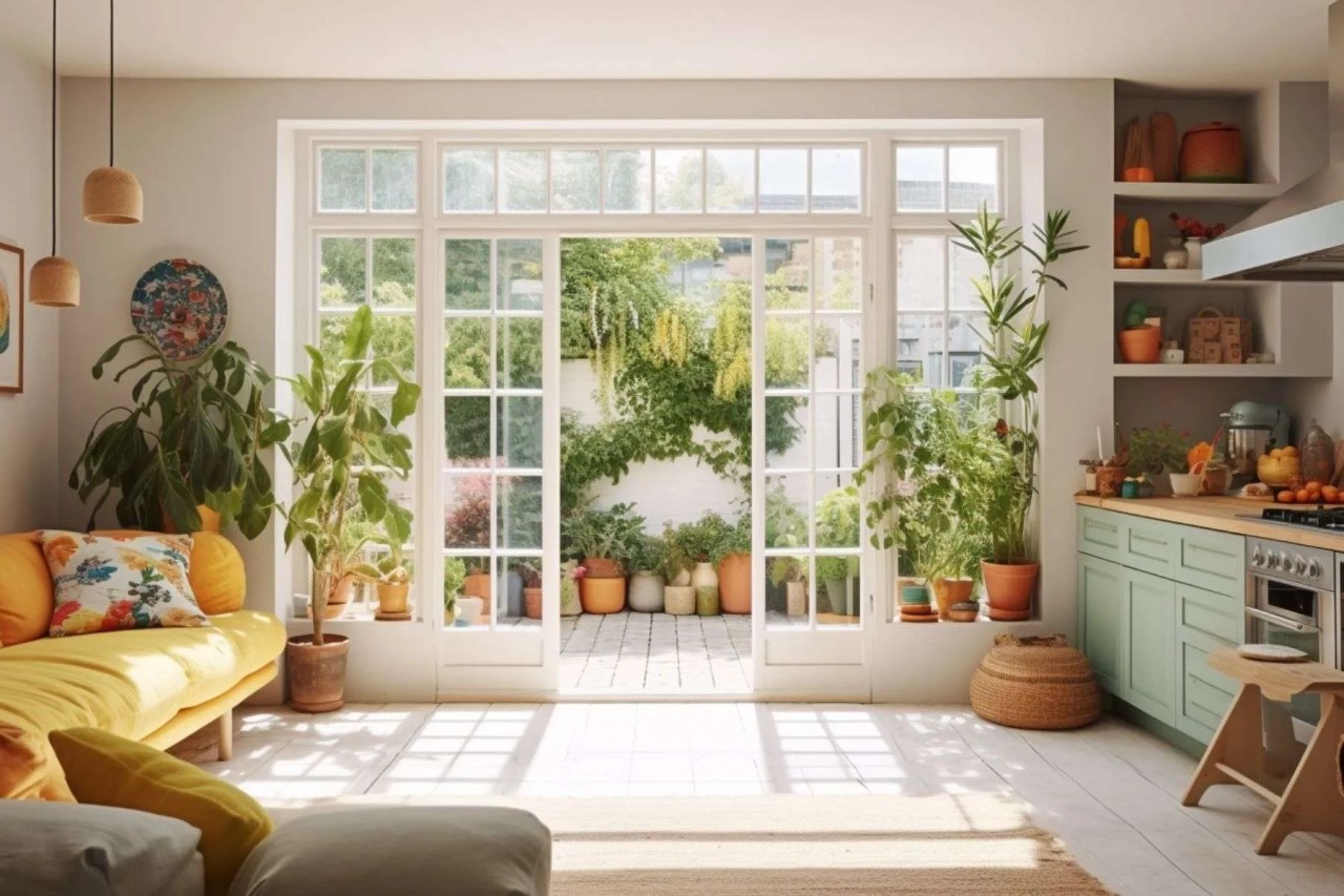 a basement apartment with doors leading out into a courtyard garden