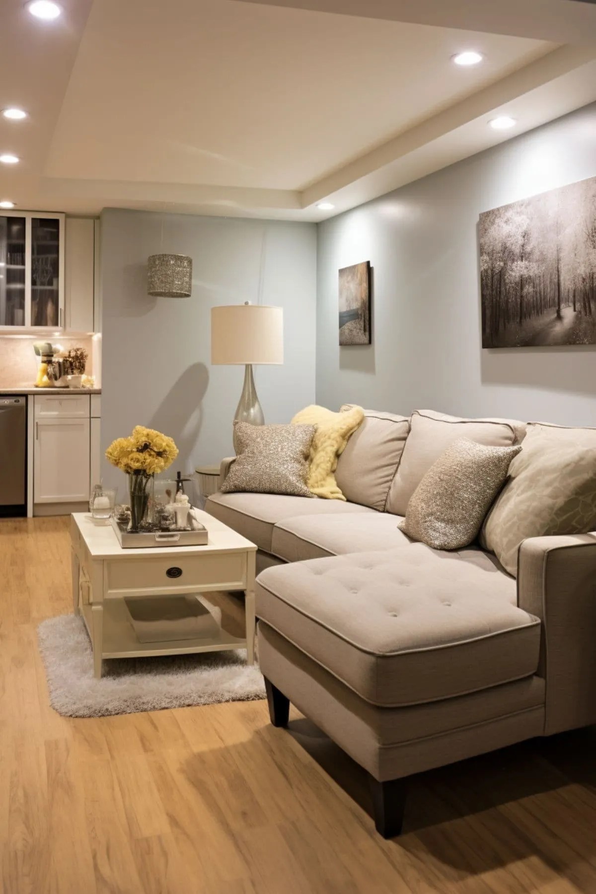 a basement renovation with corner sofa and small coffee table. There is a small kitchen space at the back