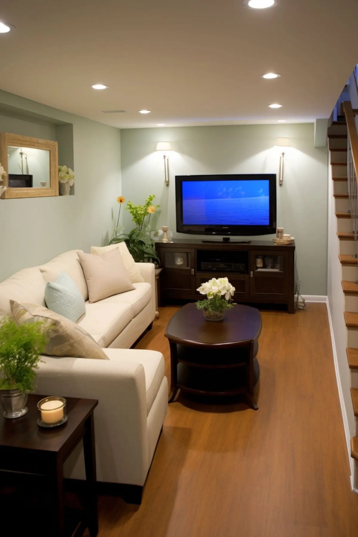 a small basement renovation with corner sofa and TV