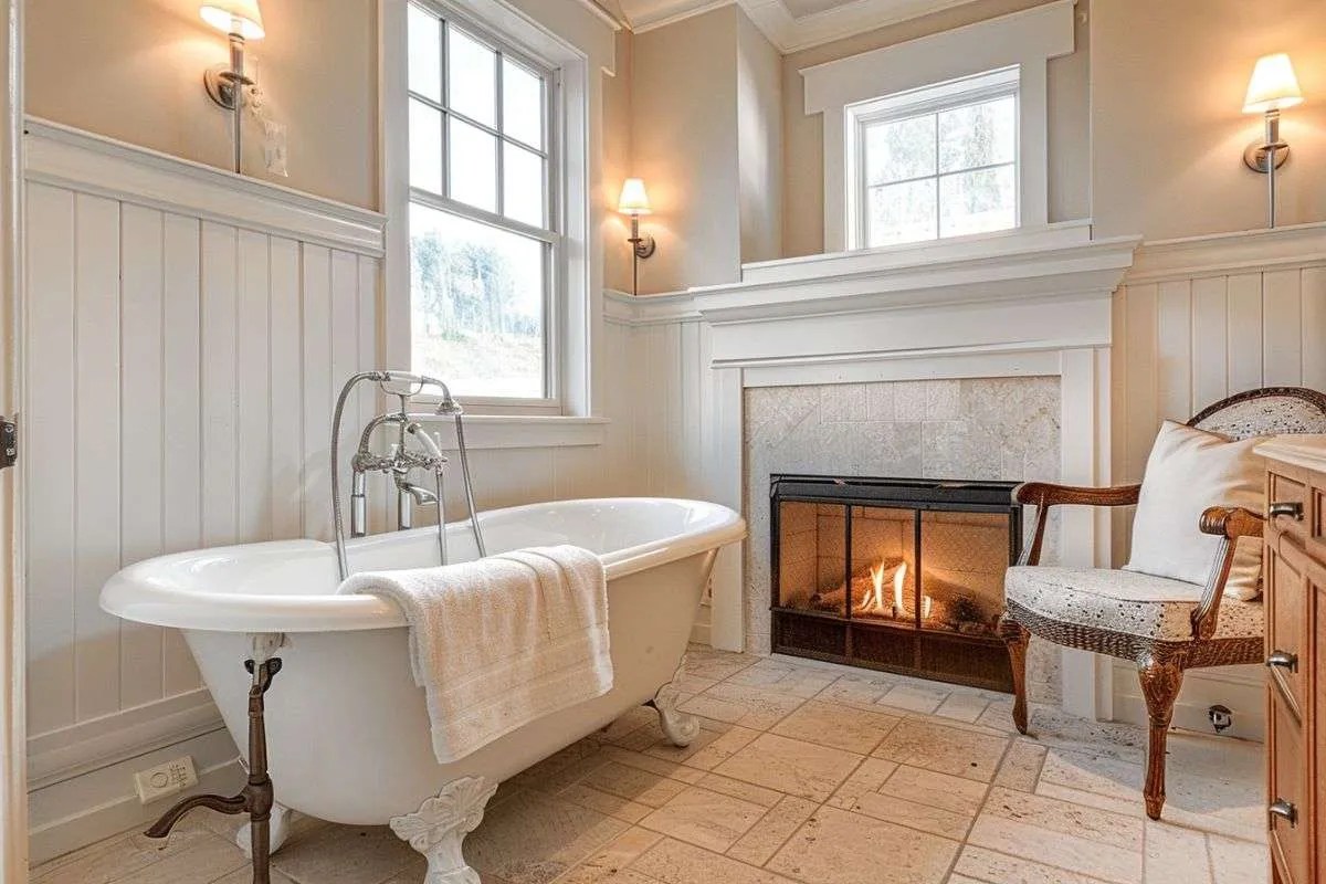 a standalone bath tub with fireplace and cozy chair