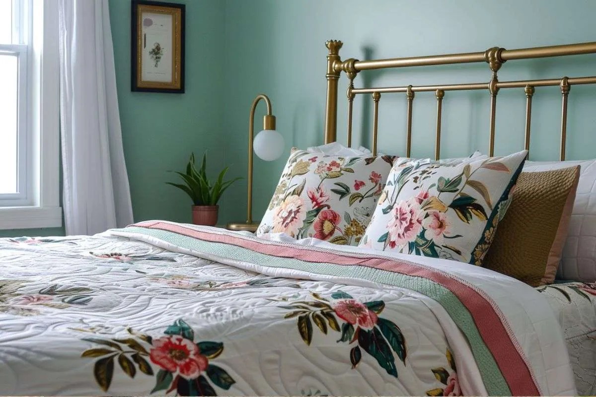 floral bedding and a sage green wall in the bedroom