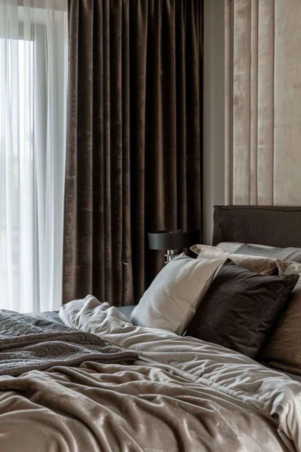 a bedroom with thick velvet curtains