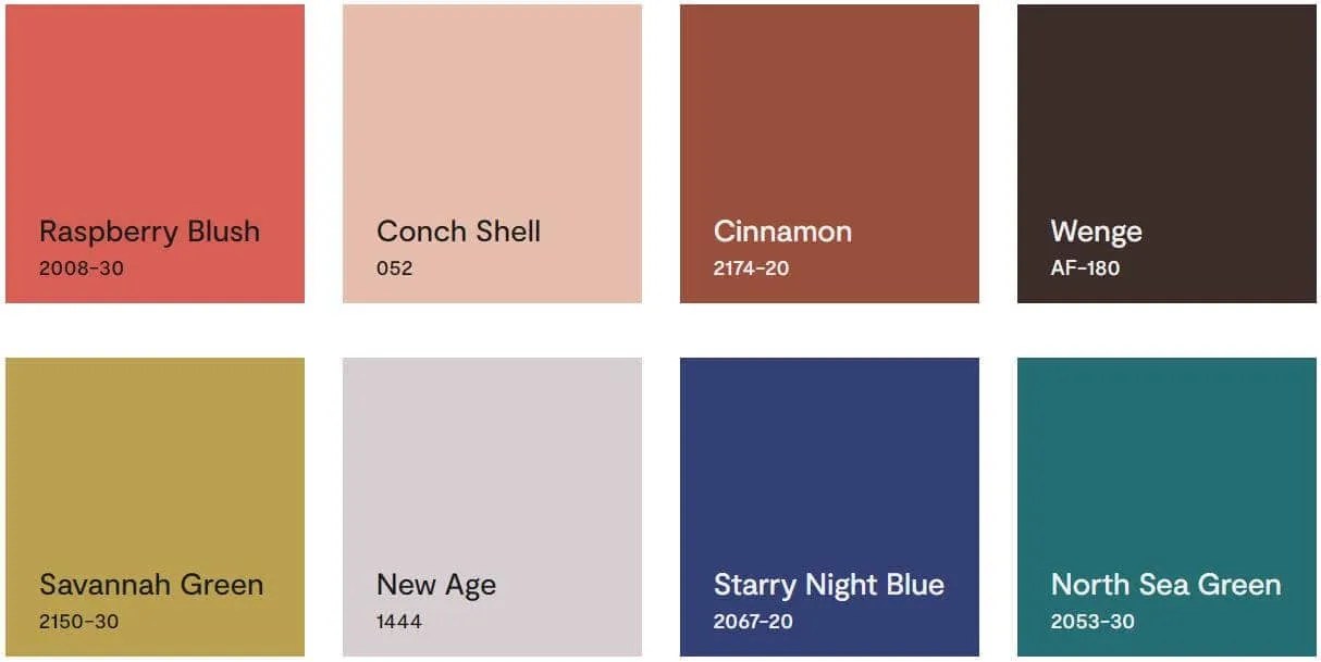 Benjamin Moore colour palette consisint of raspberry blush, conch shell, cinnamon, wenge, savannah green, new age, starry night blue, north sea green