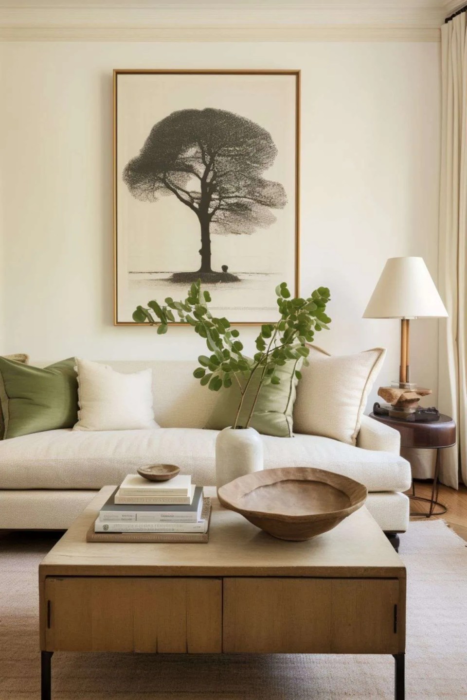 a neutral living room with cream sofa and oak coffee table