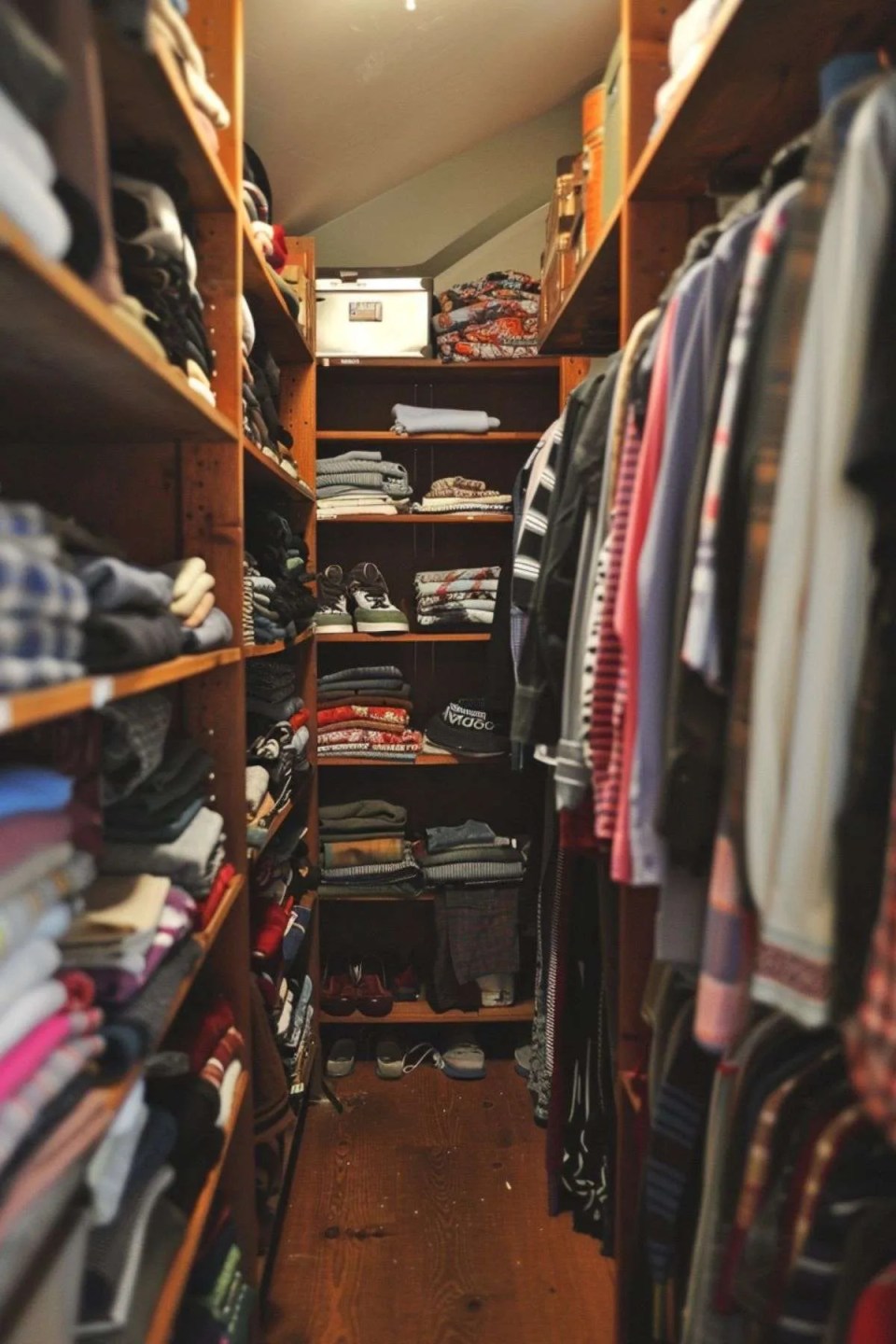 a cluttered walk-in closet