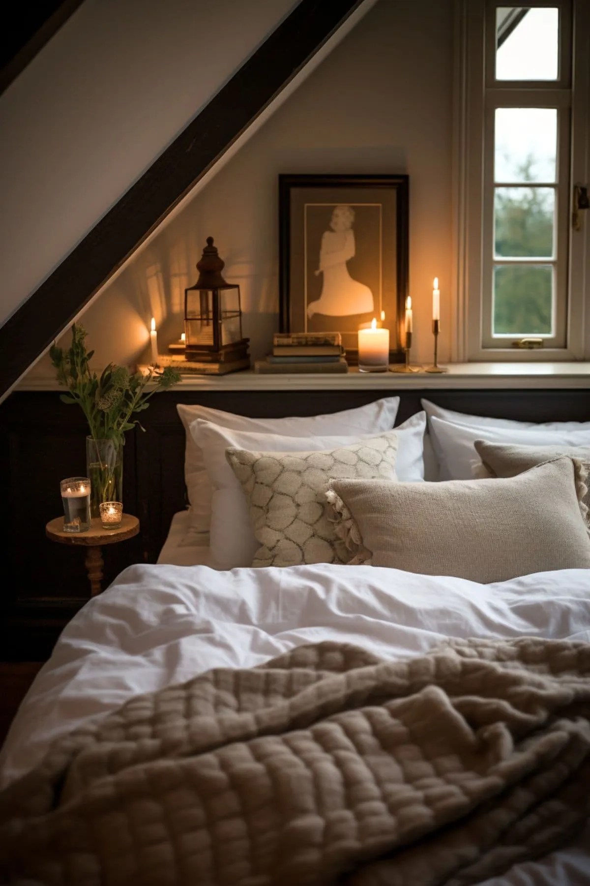 a cozy bedroom with lots of candles