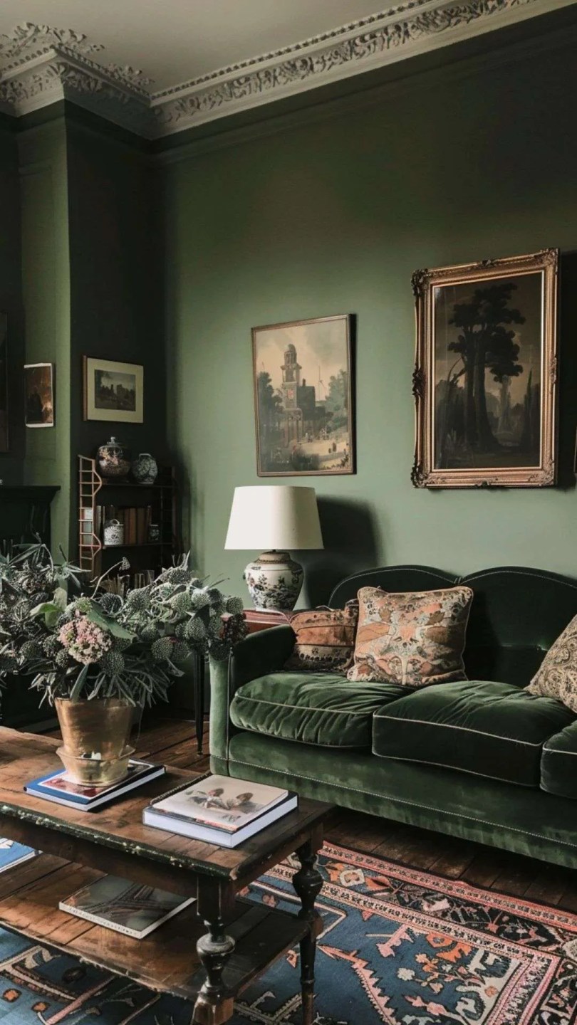 a dark green living room with green velvet sofa, vintage artwork and a rustic coffee table