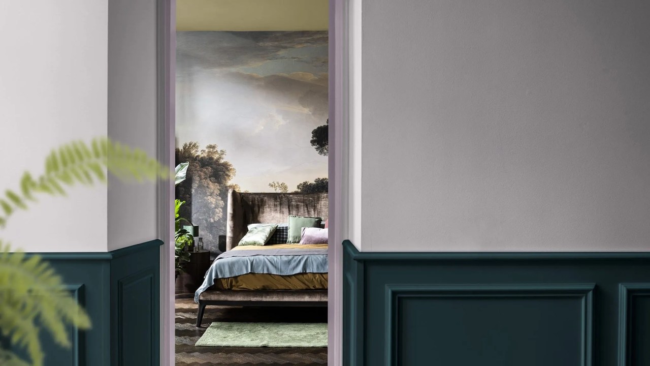 wild wonder dulux paint on the ceilling with skirting boards and doors painted in violet dream, panellingin sea holly and walls in hazy morning