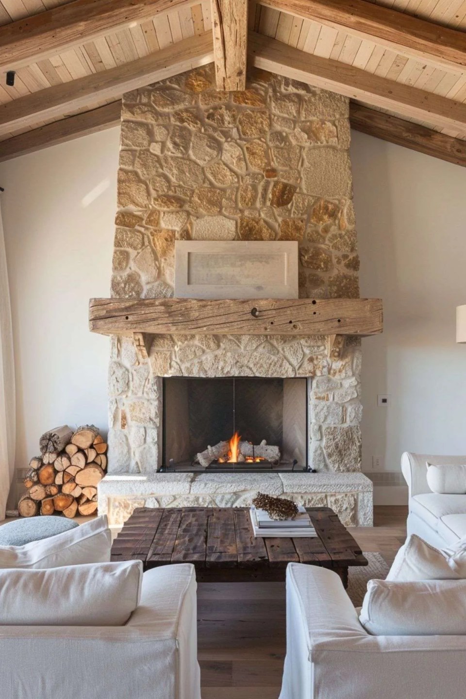 a stone fireplace in a neutral living room