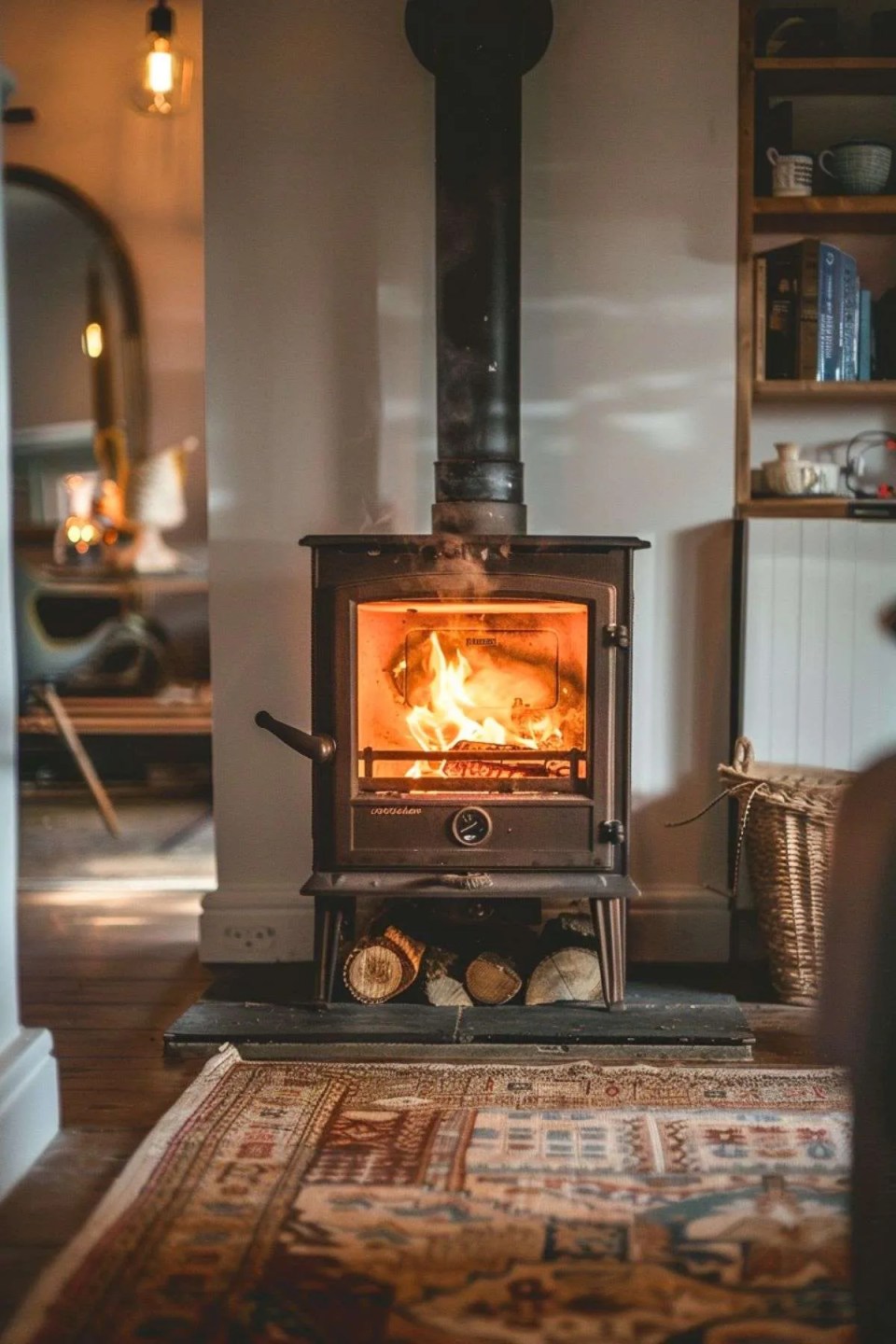 a wood burner in a living room