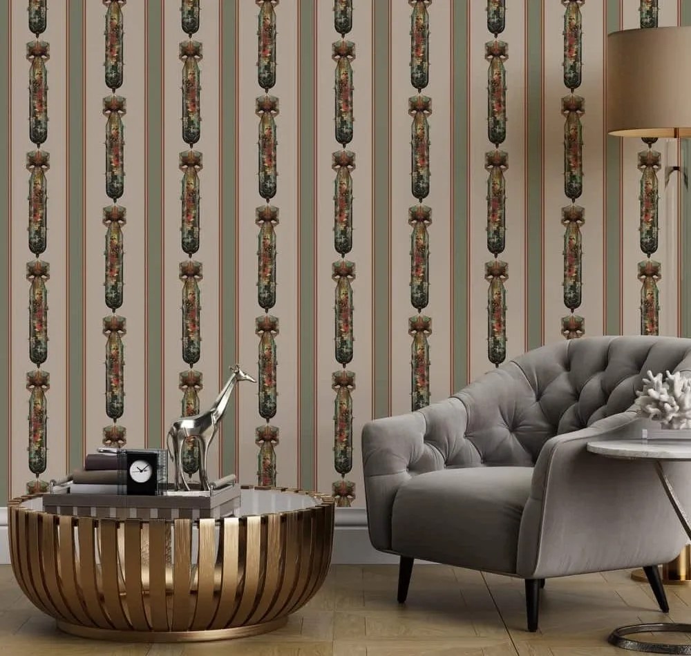 Georgian striped design wallpaper with flowers