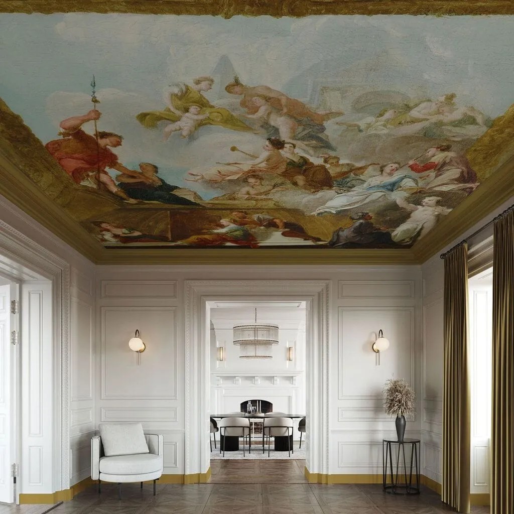 renaissance art wallpaper on the ceiling with gold skirting boards and curtains 