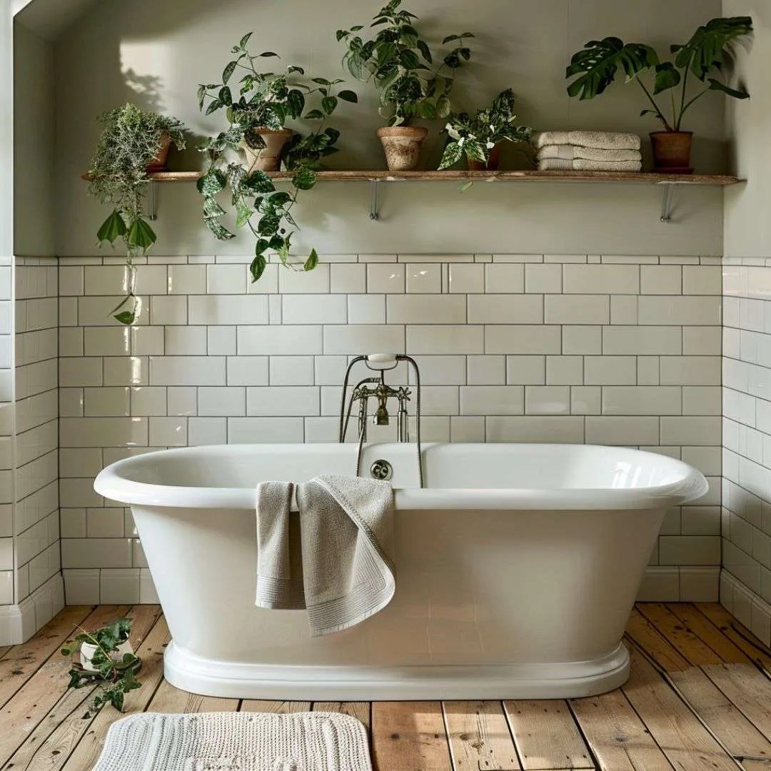 a green bathroom with stand alone bath tub and shelf with plants on it