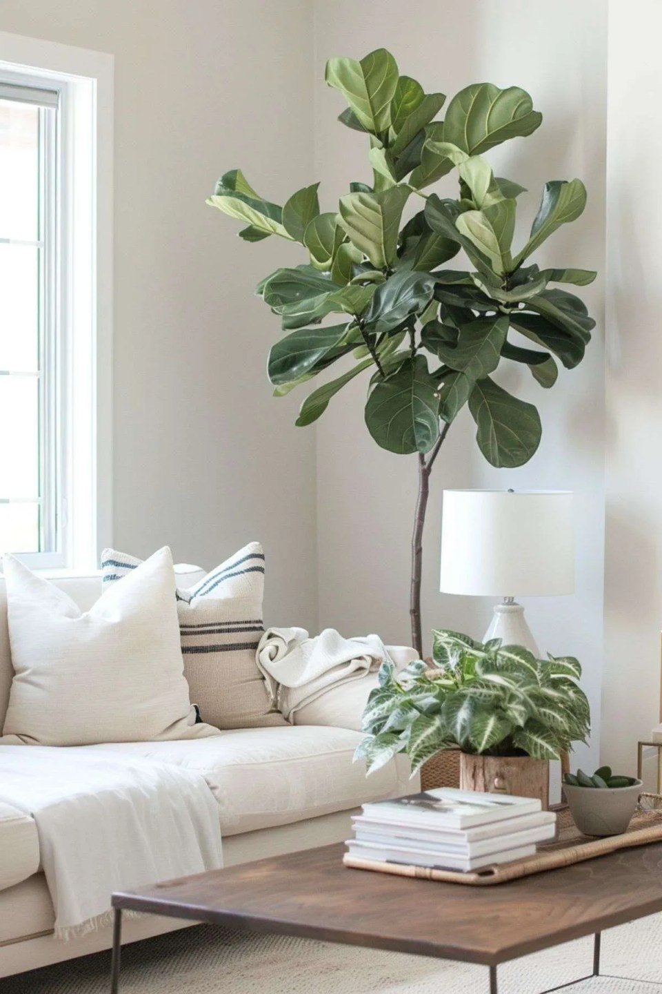 a white living room with a fiddle leaf fig tree in the corner