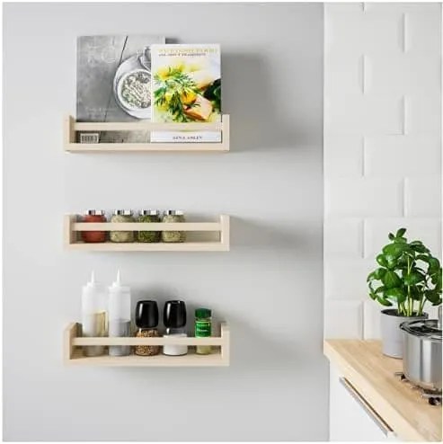 floating shelves in the kitchen to hold spices and condiments