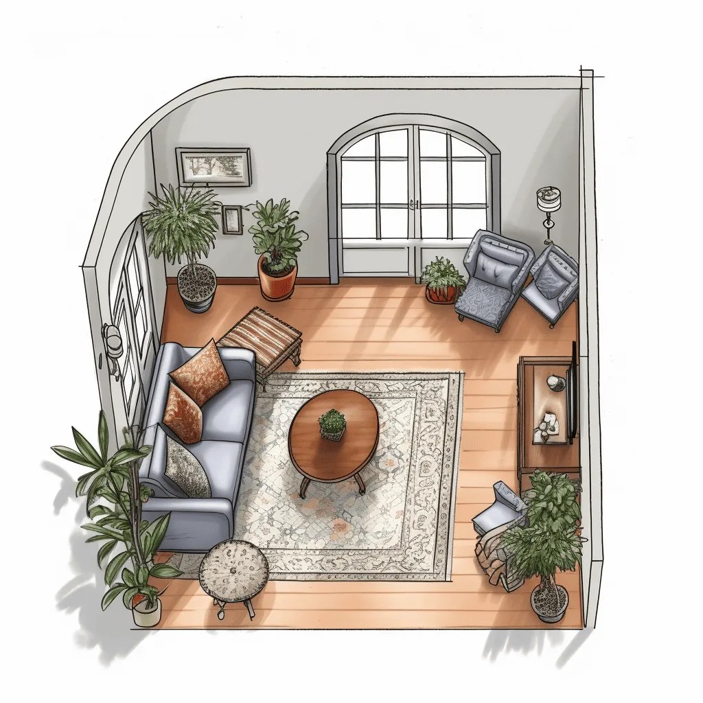 a sketch of a living room with sofa, plants and a curved window