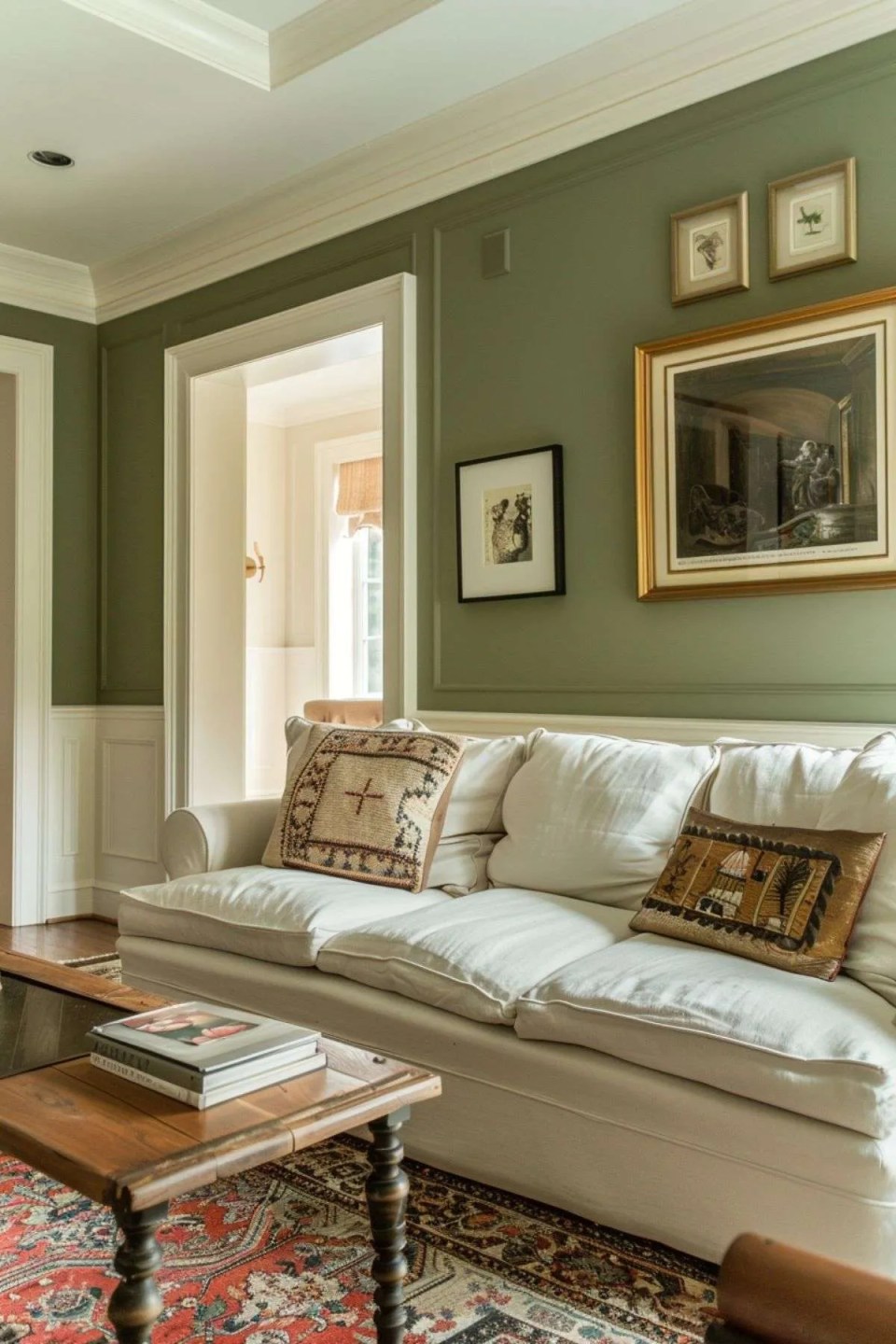 a sage green living room with artwork