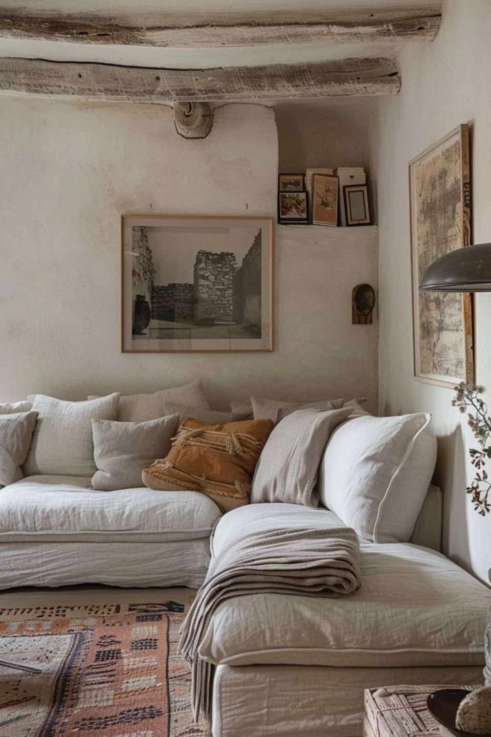 a cozy living room with linen sofa and plastered walls