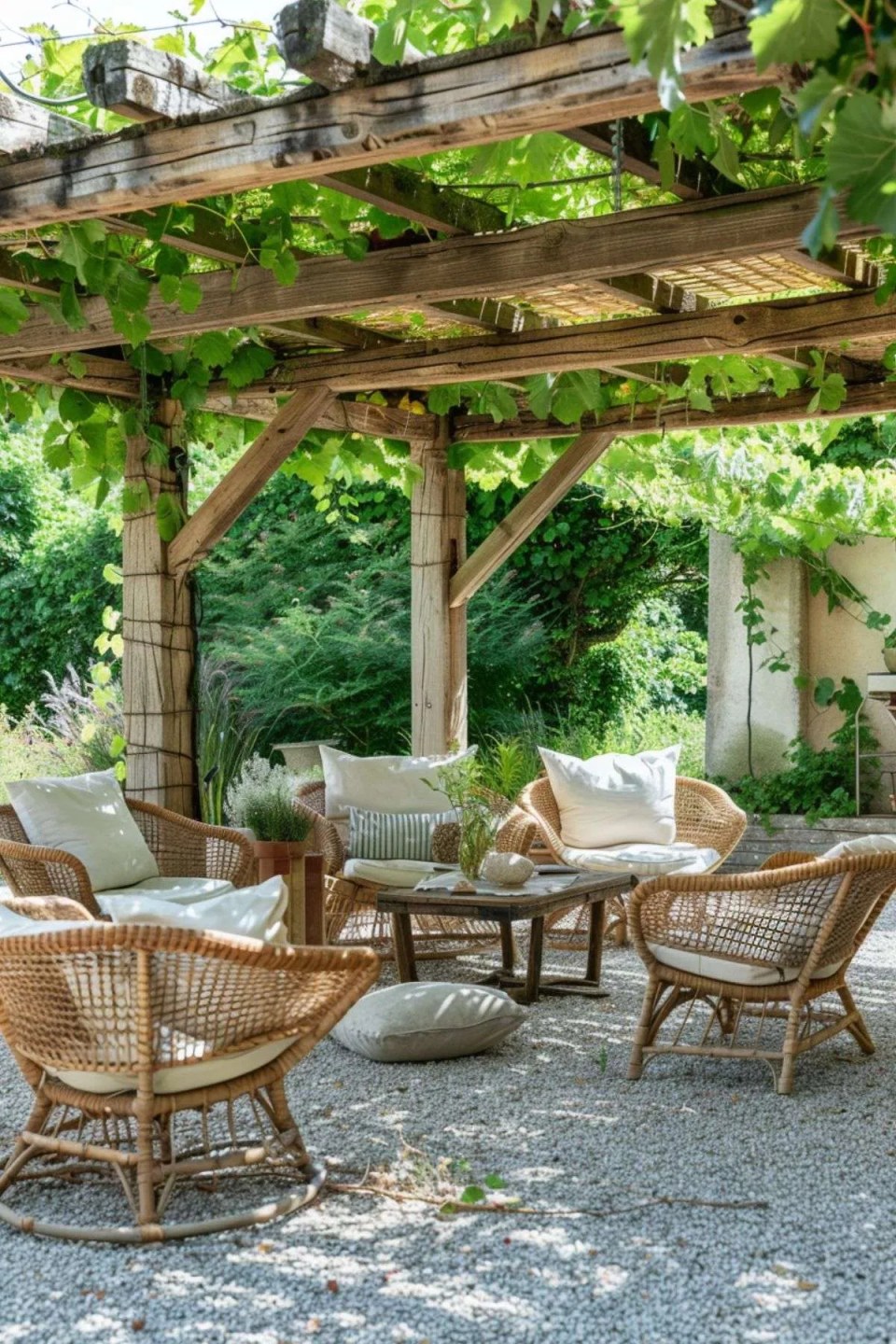 a patio area with rattan chairs and a pergola with grapevine growing on it