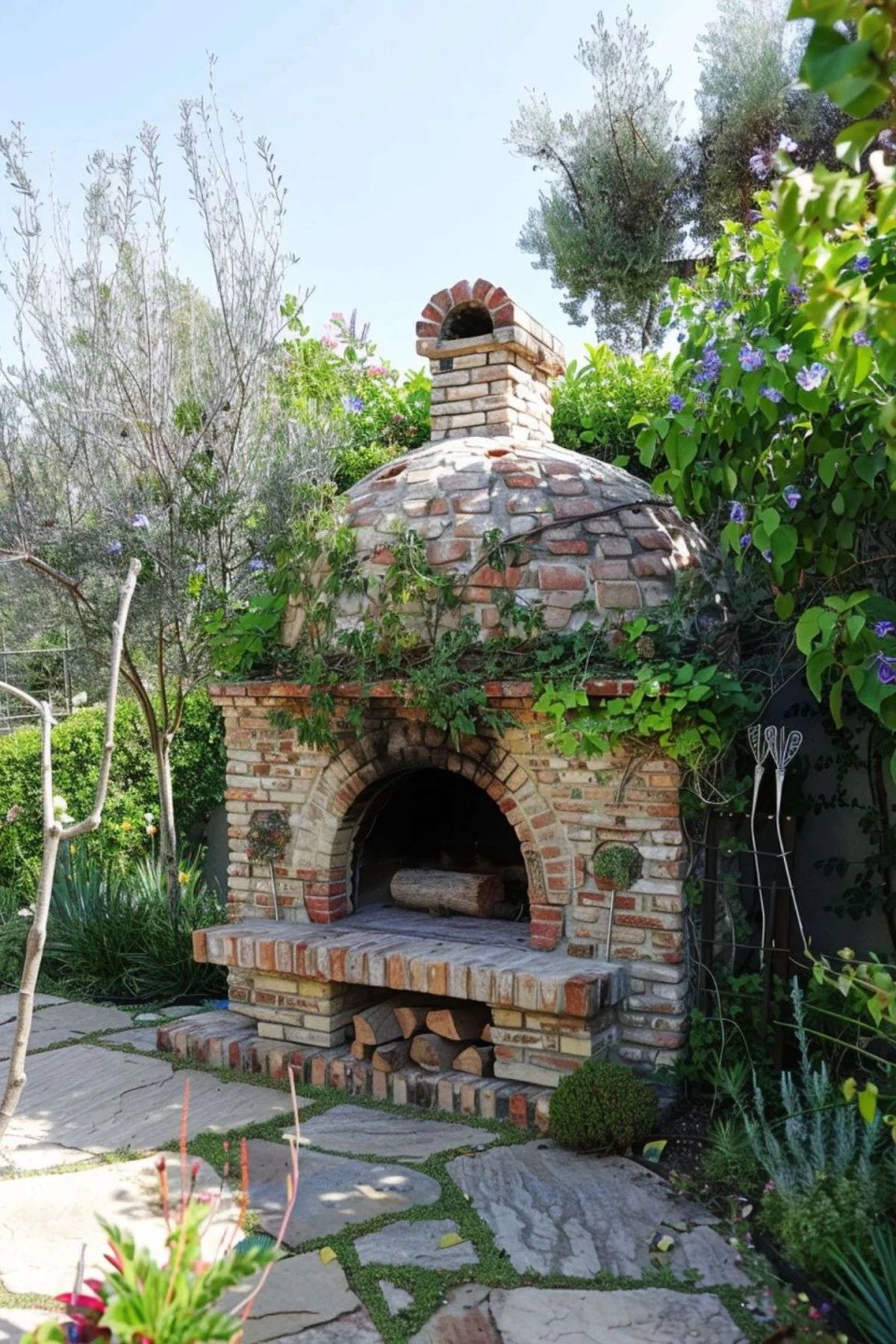 a pizza oven built out of bricks with flowers and shrubbery growing around it