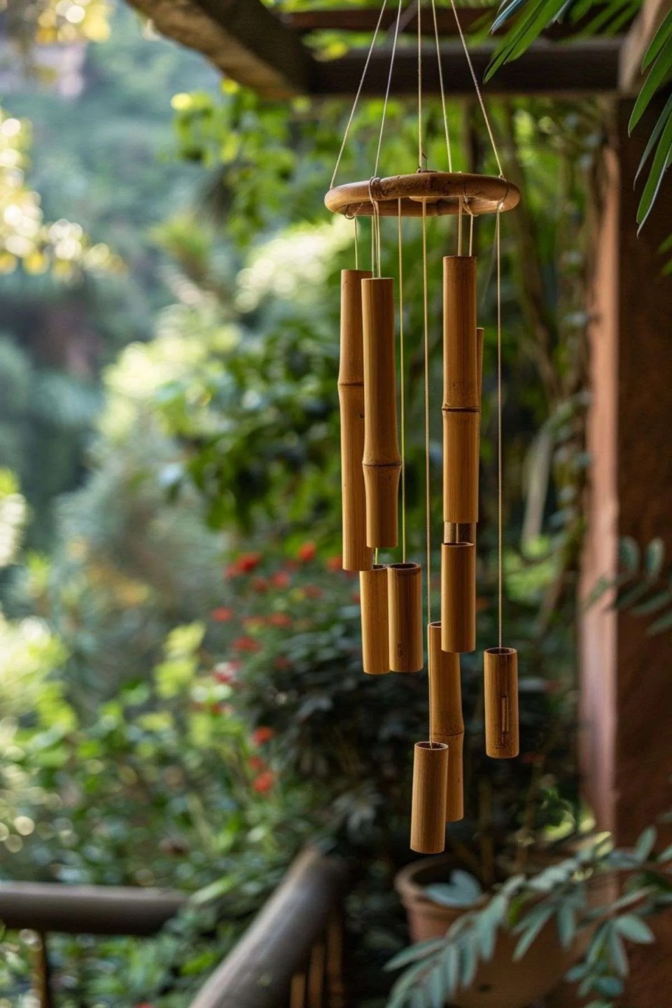 bamboo wind chime hanging from a pergola