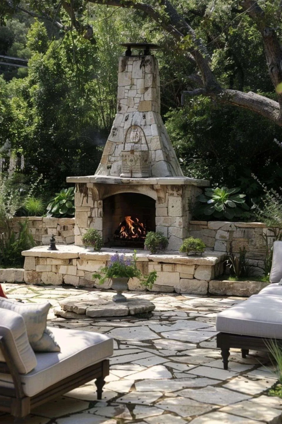 a fireplace in a garden with stone patio and seating