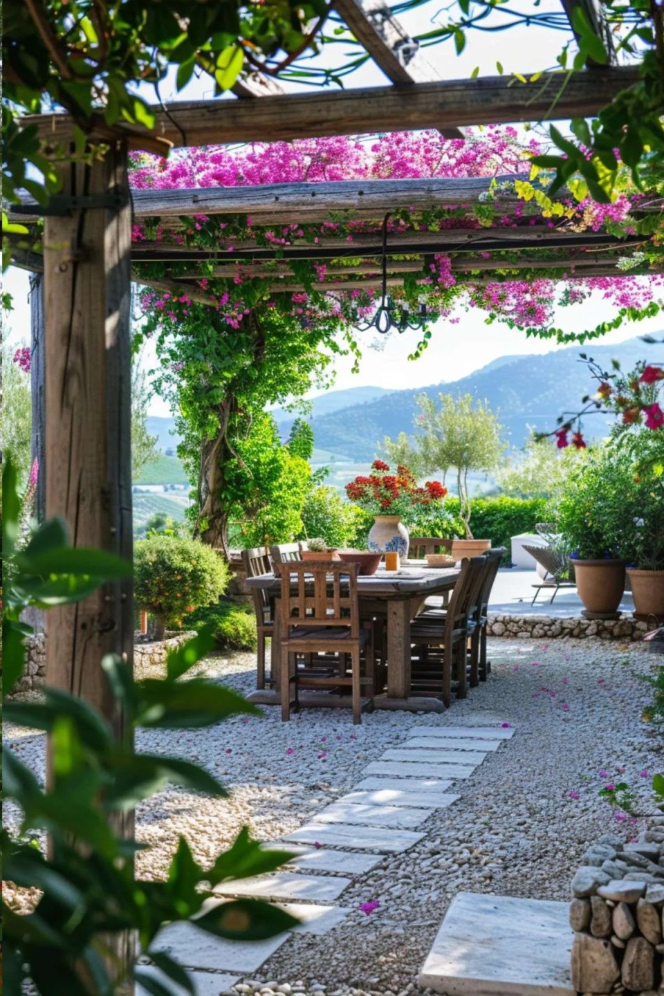a garden dining table and chair set under a pergola in a mediterranean garden. There is bougainvillea growing up the pergola with olive trees in the background