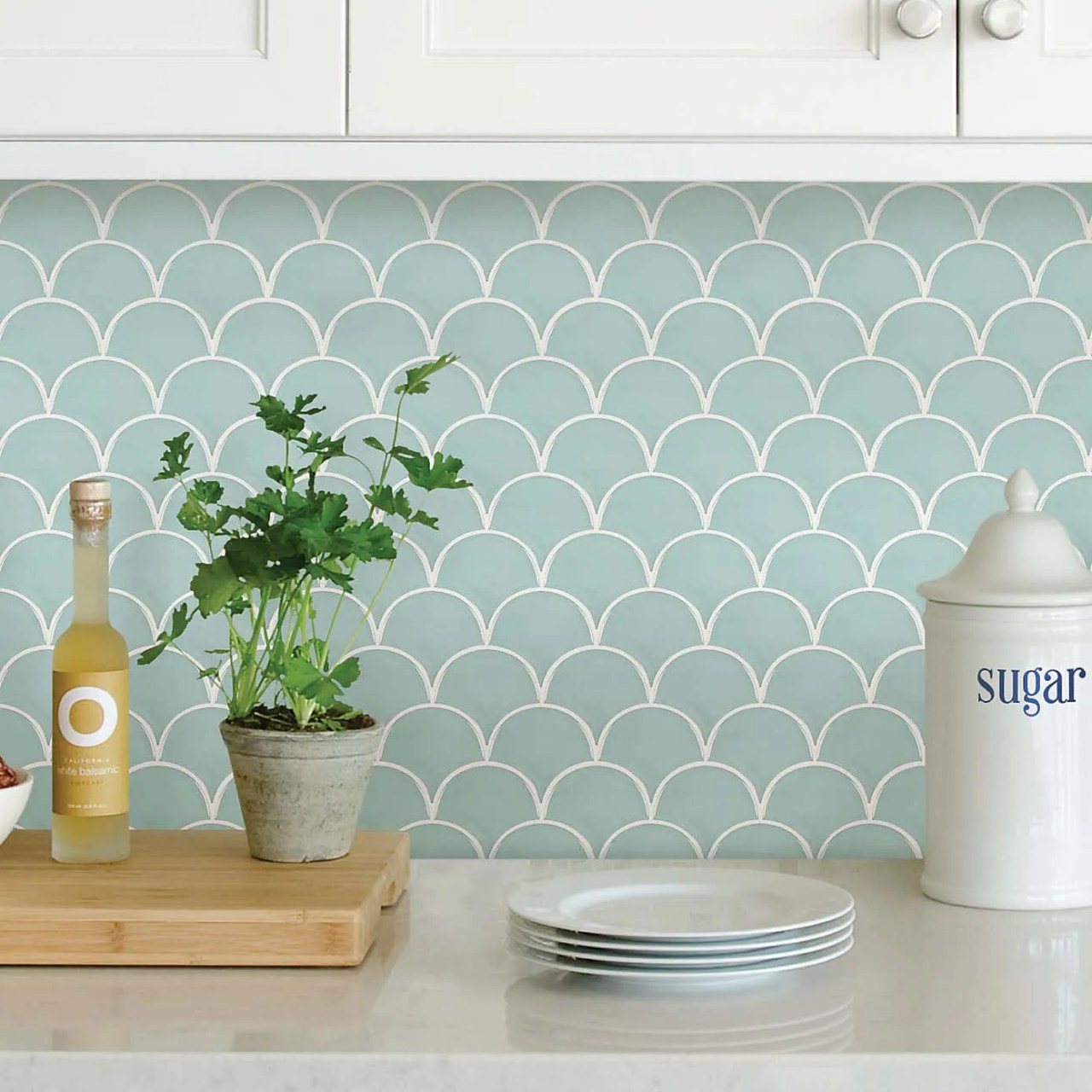 duck egg blue mermaid tiles for the kitchen