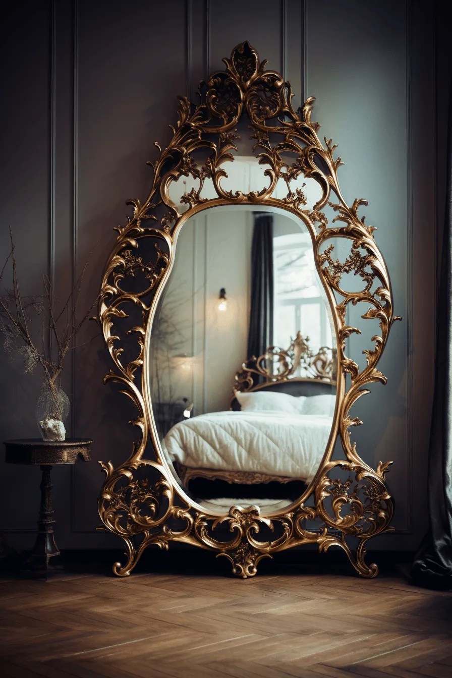 an ornate mirror reflecting a bed in the bedroom
