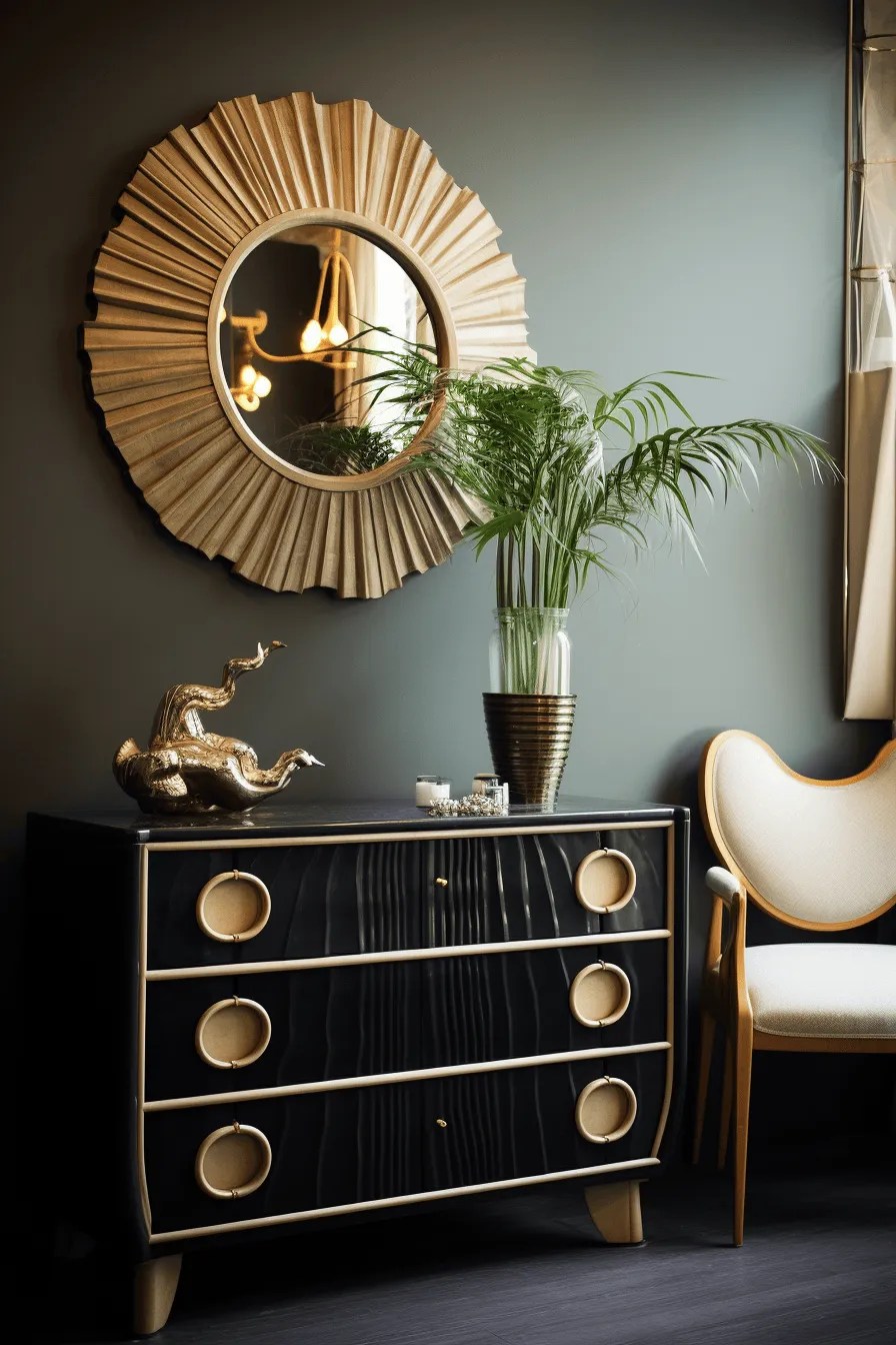 a stardust mirror in a green painted bedroom above a black and gold chest of drawers