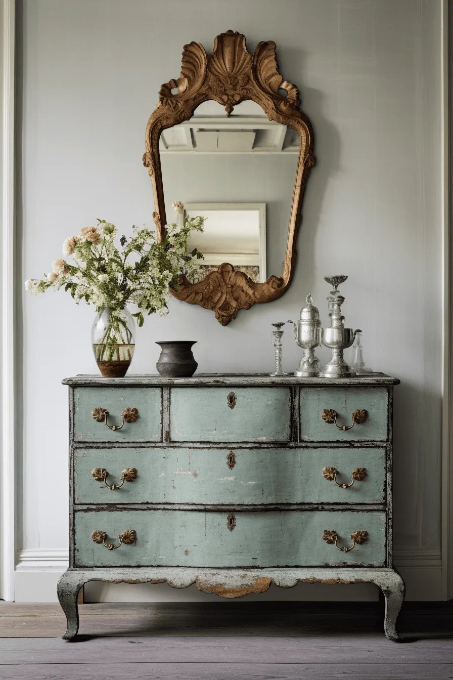 a sage green distressed chest of drawers in the bedroom with a vintage mirror