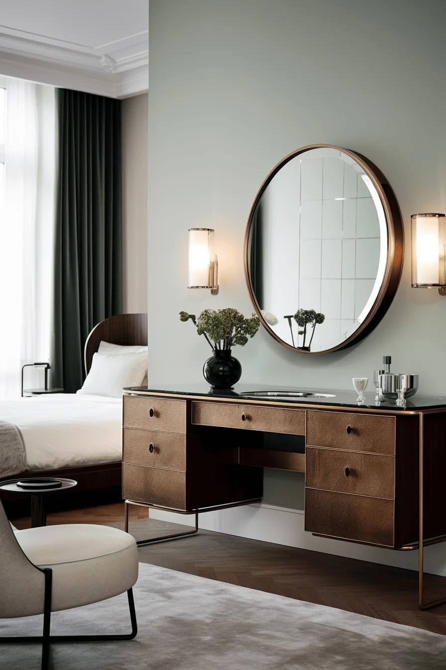 a round mirror above a contemporary desk in the bedroom